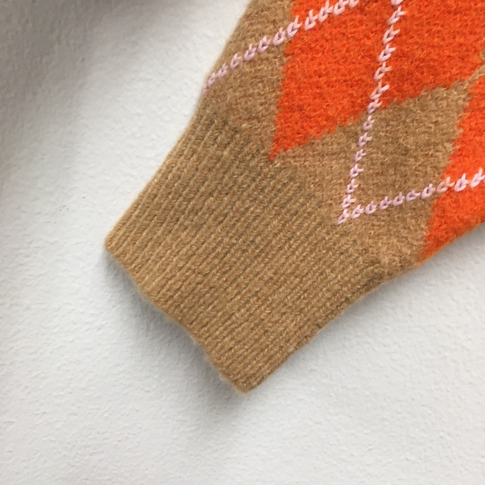 Zara Alpaca Wool Blend Argyle Crop Sweater Medium Tan Orange Stretch Cozy Fall - Picture 5 of 8